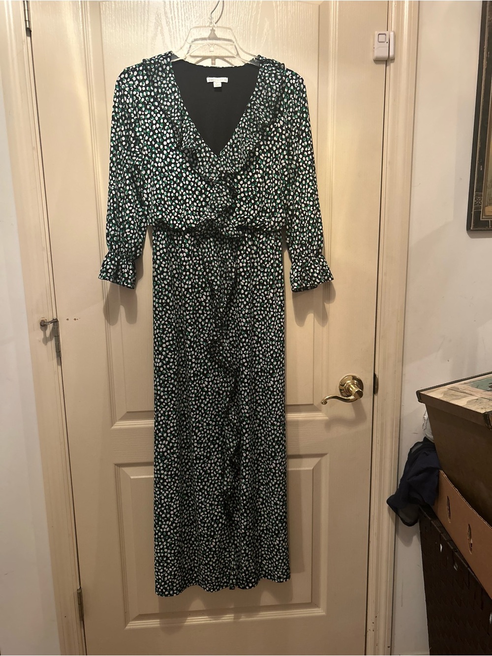 Green and White Printed Wrap-Style Maxi Dress